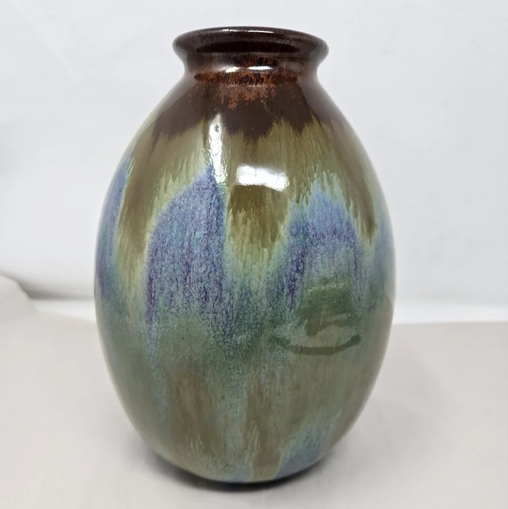 Pottery Vase Egg Shape Multicolor Glazed Timeless Beauty Drip Brown Over Blue